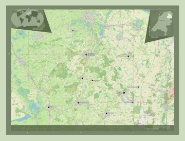 Drenthe, Hollanda vilayeti. Açık Sokak Haritası. Bölgenin büyük şehirlerinin yerleri ve isimleri. Köşedeki yedek konum haritaları
