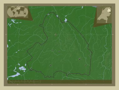 Drenthe, Hollanda vilayeti. Yükseklik haritası göller ve nehirlerle wiki tarzında renklendirilmiş. Bölgenin büyük şehirlerinin yerleri. Köşedeki yedek konum haritaları
