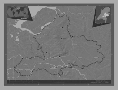 Gelderland, Hollanda vilayeti. Göllü ve nehirli çift katlı yükseklik haritası. Bölgenin büyük şehirlerinin yerleri ve isimleri. Köşedeki yedek konum haritaları