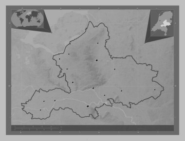 Gelderland, Hollanda vilayeti. Gölleri ve nehirleri olan gri tonlama yükseklik haritası. Bölgenin büyük şehirlerinin yerleri. Köşedeki yedek konum haritaları