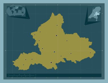 Gelderland, Hollanda vilayeti. Katı renk şekli. Bölgenin büyük şehirlerinin yerleri. Köşedeki yedek konum haritaları