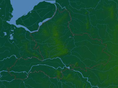 Gelderland, Hollanda vilayeti. Gölleri ve nehirleri olan renkli yükseklik haritası