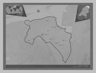 Groningen, Hollanda vilayeti. Gölleri ve nehirleri olan gri tonlama yükseklik haritası. Bölgenin büyük şehirlerinin yerleri ve isimleri. Köşedeki yedek konum haritaları