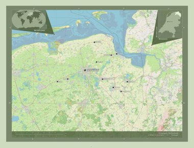 Groningen, Hollanda vilayeti. Açık Sokak Haritası. Bölgenin büyük şehirlerinin yerleri ve isimleri. Köşedeki yedek konum haritaları
