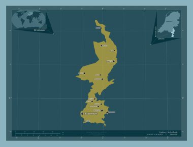Limburg, Hollanda vilayeti. Katı renk şekli. Bölgenin büyük şehirlerinin yerleri ve isimleri. Köşedeki yedek konum haritaları