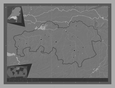 Noord-Brabant, Hollanda vilayeti. Göllü ve nehirli çift katlı yükseklik haritası. Bölgenin büyük şehirlerinin yerleri. Köşedeki yedek konum haritaları