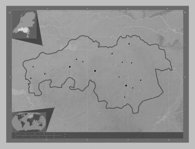 Noord-Brabant, Hollanda vilayeti. Gölleri ve nehirleri olan gri tonlama yükseklik haritası. Bölgenin büyük şehirlerinin yerleri. Köşedeki yedek konum haritaları