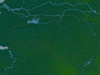 Noord-Brabant, Hollanda vilayeti. Gölleri ve nehirleri olan renkli yükseklik haritası