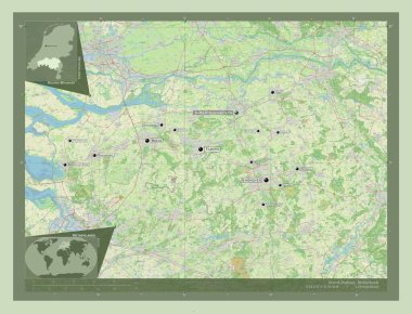 Noord-Brabant, Hollanda vilayeti. Açık Sokak Haritası. Bölgenin büyük şehirlerinin yerleri ve isimleri. Köşedeki yedek konum haritaları