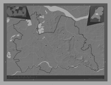 Utrecht, Hollanda vilayeti. Göllü ve nehirli çift katlı yükseklik haritası. Bölgenin büyük şehirlerinin yerleri. Köşedeki yedek konum haritaları