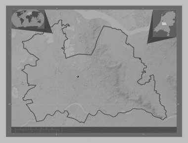 Utrecht, Hollanda vilayeti. Gölleri ve nehirleri olan gri tonlama yükseklik haritası. Köşedeki yedek konum haritaları