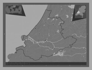 Zuid-Holland, Hollanda vilayeti. Göllü ve nehirli çift katlı yükseklik haritası. Bölgenin büyük şehirlerinin yerleri. Köşedeki yedek konum haritaları