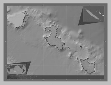 Iles Loyaute, Yeni Kaledonya vilayeti. Gölleri ve nehirleri olan gri tonlama yükseklik haritası. Köşedeki yedek konum haritaları