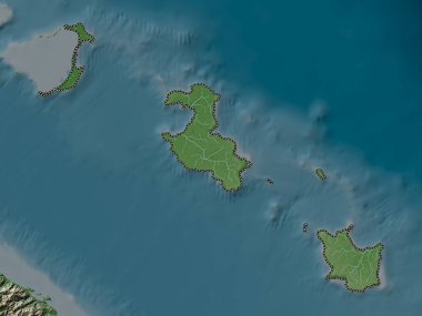 Iles Loyaute, Yeni Kaledonya vilayeti. Yükseklik haritası göller ve nehirlerle wiki stilinde renklendirilmiştir
