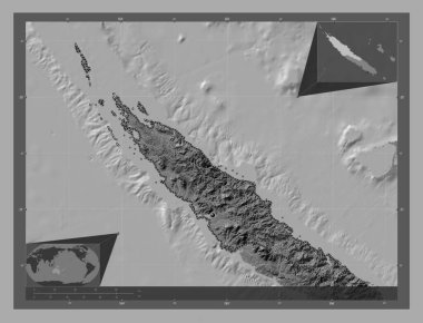 Nord, Yeni Kaledonya vilayeti. Göllü ve nehirli çift katlı yükseklik haritası. Köşedeki yedek konum haritaları