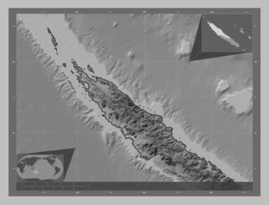 Nord, Yeni Kaledonya vilayeti. Gölleri ve nehirleri olan gri tonlama yükseklik haritası. Köşedeki yedek konum haritaları