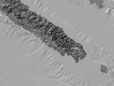 Sud, Yeni Kaledonya vilayeti. Gölleri ve nehirleri olan çift seviyeli yükseklik haritası