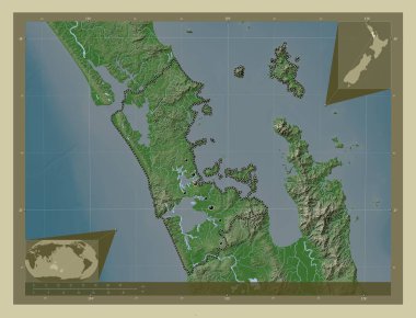 Auckland, Yeni Zelanda bölge konseyi. Yükseklik haritası göller ve nehirlerle wiki tarzında renklendirilmiş. Bölgenin büyük şehirlerinin yerleri. Köşedeki yedek konum haritaları