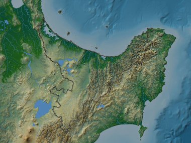 Bolluk Körfezi, Yeni Zelanda bölge konseyi. Gölleri ve nehirleri olan renkli yükseklik haritası