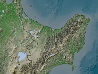 Bolluk Körfezi, Yeni Zelanda bölge konseyi. Yükseklik haritası göller ve nehirlerle wiki stilinde renklendirilmiştir