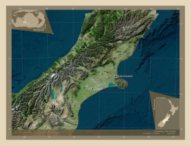 Canterbury, Yeni Zelanda bölge konseyi. Yüksek çözünürlüklü uydu. Bölgenin büyük şehirlerinin yerleri ve isimleri. Köşedeki yedek konum haritaları