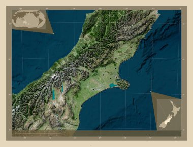 Canterbury, Yeni Zelanda bölge konseyi. Yüksek çözünürlüklü uydu. Bölgenin büyük şehirlerinin yerleri. Köşedeki yedek konum haritaları