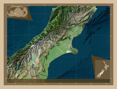 Canterbury, Yeni Zelanda bölge konseyi. Düşük çözünürlüklü uydu. Köşedeki yedek konum haritaları