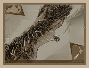 Canterbury, Yeni Zelanda bölge konseyi. Yükseklik haritası sepya tonlarında göller ve nehirlerle renklendirilmiş. Bölgenin büyük şehirlerinin yerleri ve isimleri. Köşedeki yedek konum haritaları