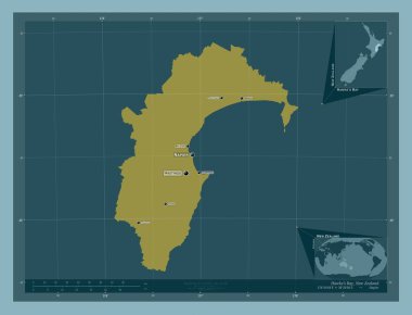 Hawke Körfezi, Yeni Zelanda bölge konseyi. Katı renk şekli. Bölgenin büyük şehirlerinin yerleri ve isimleri. Köşedeki yedek konum haritaları