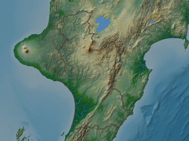 Manawatu-Wanganui, Yeni Zelanda bölge konseyi. Gölleri ve nehirleri olan renkli yükseklik haritası