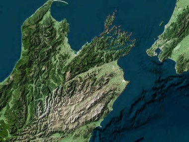 Marlborough, Yeni Zelanda 'nın üniter otoritesi. Düşük çözünürlüklü uydu haritası