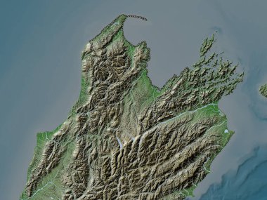 Nelson, Yeni Zelanda 'nın üniter otoritesi. Yükseklik haritası göller ve nehirlerle wiki stilinde renklendirilmiştir