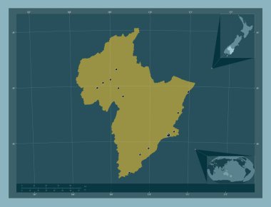 Otago, Yeni Zelanda bölge konseyi. Katı renk şekli. Bölgenin büyük şehirlerinin yerleri. Köşedeki yedek konum haritaları