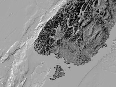 Southland, Yeni Zelanda bölge konseyi. Gölleri ve nehirleri olan çift seviyeli yükseklik haritası