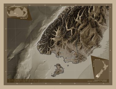 Southland, Yeni Zelanda bölge konseyi. Yükseklik haritası sepya tonlarında göller ve nehirlerle renklendirilmiş. Bölgenin büyük şehirlerinin yerleri ve isimleri. Köşedeki yedek konum haritaları