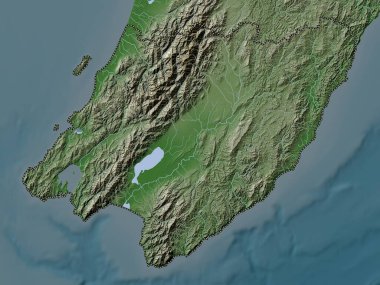 Wellington, Yeni Zelanda bölge konseyi. Yükseklik haritası göller ve nehirlerle wiki stilinde renklendirilmiştir