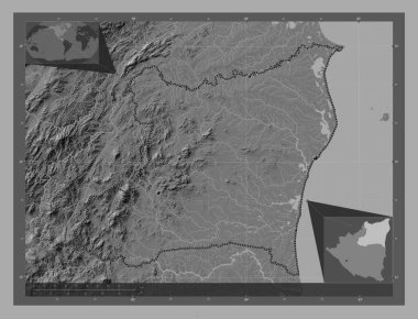 Atlantico Norte, Nikaragua 'nın özerk bölgesi. Göllü ve nehirli çift katlı yükseklik haritası. Bölgenin büyük şehirlerinin yerleri. Köşedeki yedek konum haritaları