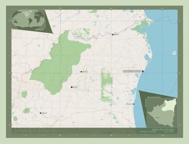 Atlantico Norte, Nikaragua 'nın özerk bölgesi. Açık Sokak Haritası. Bölgenin büyük şehirlerinin yerleri ve isimleri. Köşedeki yedek konum haritaları