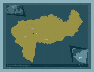 Boaco, Nikaragua Bölümü. Katı renk şekli. Bölgenin büyük şehirlerinin yerleri ve isimleri. Köşedeki yedek konum haritaları