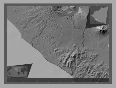 Carazo, Nikaragua Bölümü. Göllü ve nehirli çift katlı yükseklik haritası. Bölgenin büyük şehirlerinin yerleri. Köşedeki yedek konum haritaları