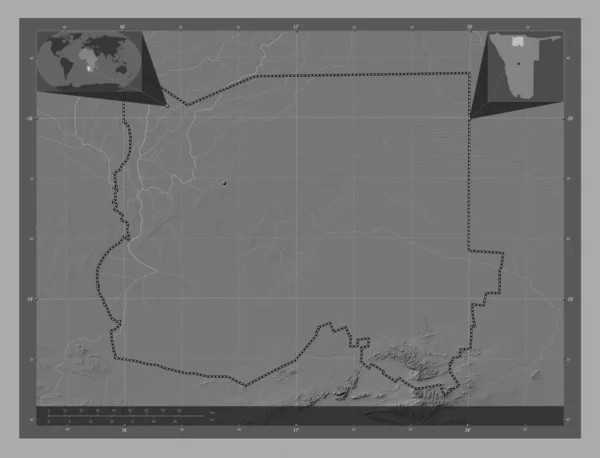 ナミビアの地域 湖や川と二階の標高マップ コーナー補助位置図 — ストック写真