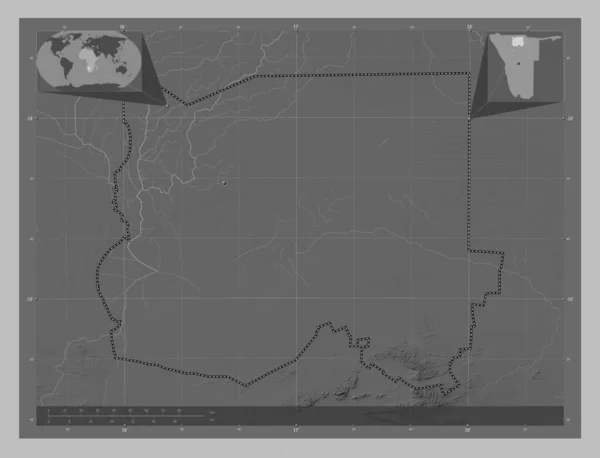 Oshikoto 纳米比亚地区 带有湖泊和河流的灰度高程图 角辅助位置图 — 图库照片