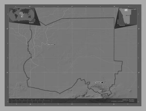 Oshikoto Region Namibia Bilevel Elevation Map Lakes Rivers Locations Names — Stock Photo, Image