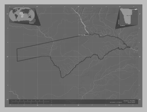 Zambezi Región Namibia Mapa Elevación Escala Grises Con Lagos Ríos —  Fotos de Stock