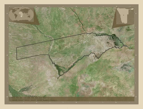 ナミビアのザンベジ地方 高解像度衛星地図 地域の主要都市の場所 コーナー補助位置図 — ストック写真
