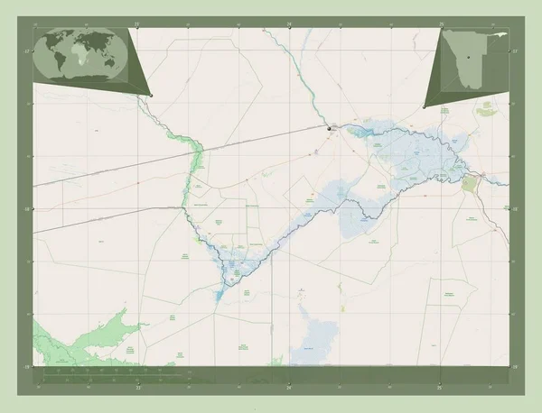 Zambezi Περιφέρεια Ναμίμπια Χάρτης Του Δρόμου Γωνιακοί Χάρτες Βοηθητικής Θέσης — Φωτογραφία Αρχείου