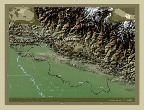 Central Región Desarrollo Nepal Mapa Elevación Coloreado Estilo Wiki Con — Foto de Stock