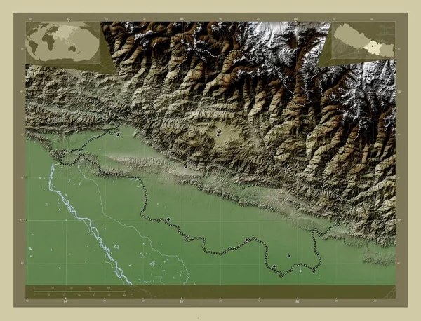ネパールの中心部 開発地域 湖や川とWikiスタイルで着色された標高マップ 地域の主要都市の場所 コーナー補助位置図 — ストック写真