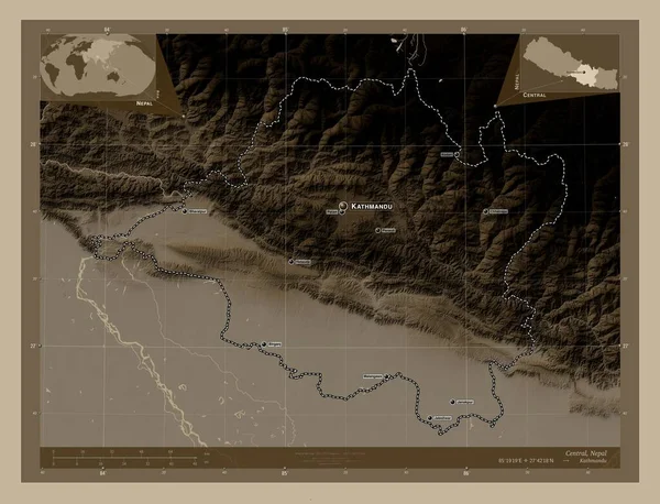 尼泊尔发展区中央 高程图 用深紫色调涂上湖泊和河流 该区域主要城市的地点和名称 角辅助位置图 — 图库照片