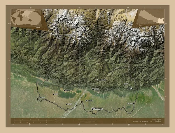 Leste Região Desenvolvimento Nepal Mapa Satélite Baixa Resolução Locais Nomes — Fotografia de Stock